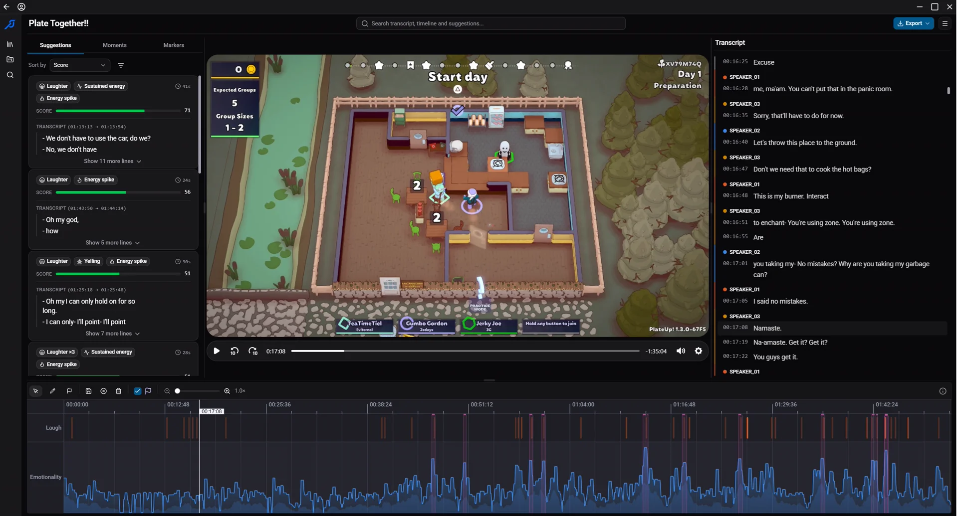 Scrubjay reviewing a recorded co-op cooking session: the laughter and emotionality timeline runs under the video, with scored clip suggestions and their transcript alongside