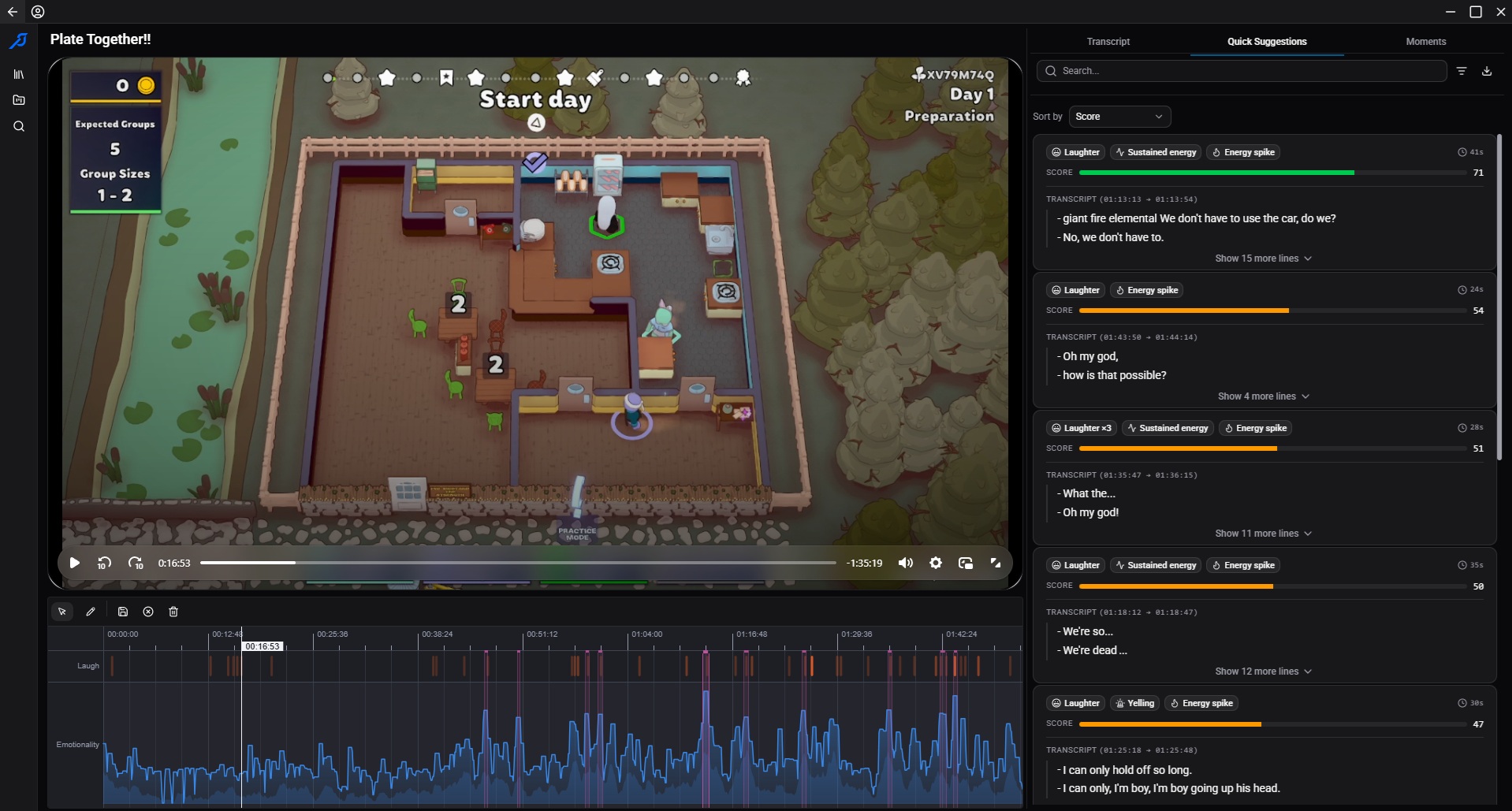 Scrubjay reviewing a recorded co-op cooking session: the laughter and emotionality timeline runs under the video, with scored clip suggestions and their transcript alongside