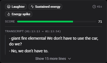 A Scrubjay clip suggestion scored 71, tagged laughter, sustained energy and energy spike, with the transcript of the moment